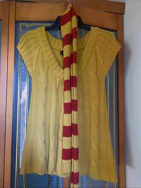Mustard Cable Knit Women’s Sweater top with Red-Striped Scarf